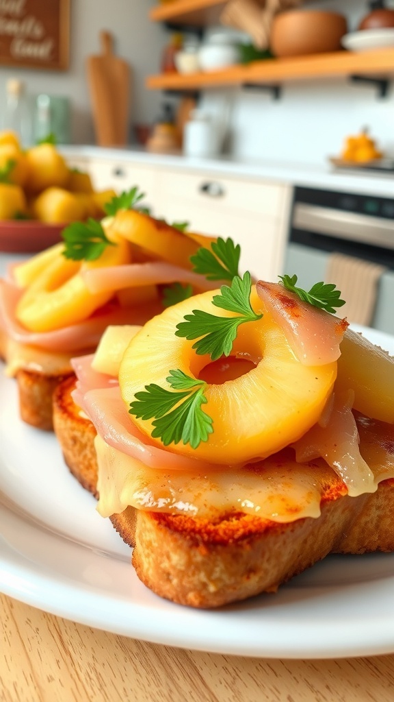 Hawaiian toast with ham, pineapple, and melted cheese on a plate, garnished with parsley.